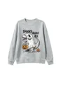 Detailed view of the cute Halloween T-Rex ghost graphic printed on the cozy gray sweatshirt. - 110cm / Tops / Light Gray