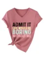 Vue de détail du t-shirt à col en V rose poudré avec impression de texte amusante et nœud mignon. - S / Hauts / Or rose (Motif noir)