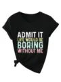 Gros plan detail du produit t-shirt femme casual col V manches courtes avec slogan. - S / Hauts / Noir
