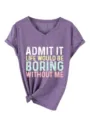 T-shirt graphique femme col V manches courtes avec impression de slogan et detail de noeud bas. - S / Hauts / Violet