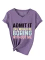 T-shirt femme violet à col V et manches courtes avec impression de lettres amusantes. - S / Hauts / Violet