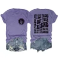 Casual women's purple short sleeve t-shirt with funny letter print and matching denim shorts. - S / Tops / Purple (Black Print)