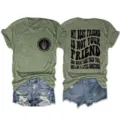 Women casual olive green short sleeve t-shirt featuring trendy graphic print front and back. - S / Tops / Olive Green