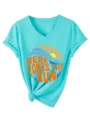 Γυναικείο T-Shirt V-Neck Κοντομάνικο Καλοκαιρινό Top με Σχέδιο Ήλιου & Στάμπες - S / Tops / Βαθύ Μπλε του Νερού