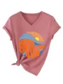 Γυναικείο T-shirt με V-neck και κοντό μανίκι, casual καλοκαιρινό τοπ με τύπωμα και κόμπο - Ροζ Χρυσό(3812)
