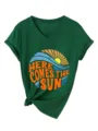 Γυναικείο casual V-λαιμόκοψη T-shirt με κοντό μανίκι, vintage τύπωμα ήλιου και κόμπο - Vintage Πράσινο