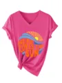 Γυναικείο vintage γραφικό κοντομάνικο V-neck t-shirt casual καλοκαιρινό top here comes the sun - Τριανταφυλλί