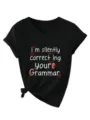 Dames V-Hals Korte Mouw Casual T-Shirt Zwart Grappig Letter Print Losse Top Casual - S / Top (3812) / Zwart (Witte Grafiek)