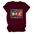 Damen Halloween Niedlich Knödel Grafik Rundhalsausschnitt Kurzarm Freizeit T-Shirt - S / Oberteile / Burgunderrot