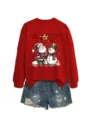 Completo felpa rossa da donna e pantaloncini di jeans con simpatica stampa vintage natalizia. - Taglia S / Top / felpa rosso vivo (immagine a colori nera)