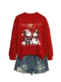 Felpa con stampa natalizia combinata con pantaloncini di jeans strappati, stile festivo. - Taglia S / Top / felpa rosso vivo (immagine a colori bianca)