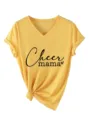 Women Casual V-Neck Short Sleeve Tee Yellow Cheer Mama Print Fashion Cotton T-Shirt - S / Tops / Yellow (Black Font)