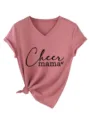 Detail view of pink V-neck short sleeve t-shirt featuring Cheer mama print and side knot. - Rose Gold (Black Font)