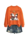 Felpa natalizia con stampa grafica abbinata a pantaloncini di jeans chic per donne. - Taglia S / Top / felpa arancione (scritta nera e immagine a colori)