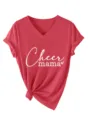 Detailed shot of a red V-neck short sleeve women T-shirt with front knot design and print. - Red