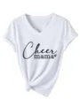 Close-up detail of the white V-neck short sleeve T-shirt with stylish front knot and graphic. - S / Tops / White
