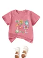 Cute cartoon garden print short sleeve t-shirt for kids, comfortable casual daily wear. - Peach