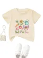 Cute cartoon sunflower bee print kids short sleeve t-shirt casual toddler summer top - Apricot