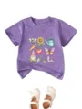 Close-up detail of the purple kids t-shirt with cute garden gnome and cartoon flower graphic. - Purple