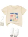 Kids beige short sleeve t-shirt featuring farmers market graphic print detail shot. - Apricot