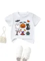 Kinder Halloween T-Shirt weiss kurzarm Geist Kürbis schwarze Katze Print Oberteil - 90cm / Oberteile / Weiß