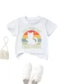 Close-up detail of white kids t-shirt featuring retro cat graphic and funny text print. - 90cm / Tops / White