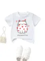 Detailed view of the cute white children's t-shirt featuring a lovely cat print and sweet text design. - Tops / White / 90cm