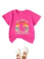 Close-up of the cute retro cat graphic and funny text on the vibrant pink cotton kids t-shirt. - 90cm / Tops / Rose Red