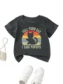Cute cat graphic detail on dark gray kids t-shirt, retro sunset print, soft fabric close-up - 90cm / Tops / Dark Gray