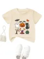 T-shirt imprimé dessin animé Halloween pour enfants, haut à manches courtes et col rond confortable. - Abricot