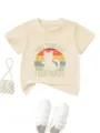 Cute vintage cat graphic kids short sleeve t-shirt, casual loose summer top for daily wear. - Apricot