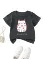 Cute cat graphic detail on dark gray short sleeve kids t-shirt with heart prints. - Tops / Dark Gray / 90cm