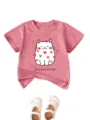 Toddler cute cat print short sleeve T-shirt, pink cotton blend round neck cute kids top. - Peach