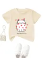 Cute cat graphic short sleeve T-shirt for kids, comfortable round neck casual summer top. - Apricot