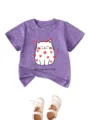 Cute cat print short sleeve t-shirt detail with matching white baby shoes for little kids. - Purple