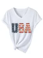 Damen Vintage USA Flagge Buchstabe Druck V-Ausschnitt Kurzarm Freizeit T-Shirt Detail - S / Oberteile / Weiß (3812)