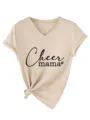 Close-up detail of women casual V-neck short sleeve T-shirt with Cheer mama print knot hem. - S / Tops / Sand