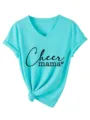 Comfortable women V-neck short sleeve t-shirt with cheer mama print, casual turquoise top. - S / Tops / Deep Water Blue (Black Font)