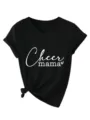 Women black V-neck short sleeve t-shirt with cheer mama letter print and stylish knot hem. - Black
