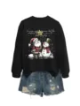 Felpa con stampa natalizia e pantaloncini di jeans set casual a maniche lunghe da donna - Taglia S / Top / felpa nera (scritta bianca e immagine a colori)