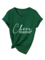 Close up detail of women green v-neck short sleeve t-shirt with cheer mama print knot hem. - Vintage Green