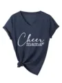 Women V-neck short sleeve t-shirt with cheer mama letter print casual summer top tee. - Navy Blue (White Font)