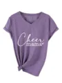Close up view of the purple v-neck short sleeve t-shirt featuring a front knot and cheer mama print. - Purple (White Font)