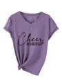 Detailed view of the purple v-neck short sleeve t-shirt with cheer mama graphic and knot. - Purple