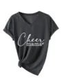 Women V-Neck Short Sleeve T-Shirt Casual Letter Print Tee Top with Knot Hem Dark Gray - Black Heather Grey