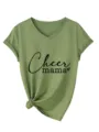 Women's V-Neck Short Sleeve T-Shirt Casual Olive Green Tee with Cheer Mama Print Knot Hem - Olive Green