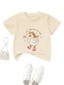Cute cartoon goose graphic kids t-shirt, casual round neck short sleeve cotton top for summer. - Apricot