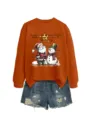 Felpa natalizia a maniche lunghe con stampa grafica e pantaloncini di jeans strappati. - Taglia S / Top / Felpa Arancione Bruciato (Grafica Nera)