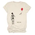 Casual women's beige short sleeve t-shirt featuring funny skeleton graphic and text print. - S / Tops / Sand