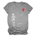 Casual women's grey short sleeve t-shirt featuring a funny skeleton and red balloon graphic. - S / Tops / Dark Gray
